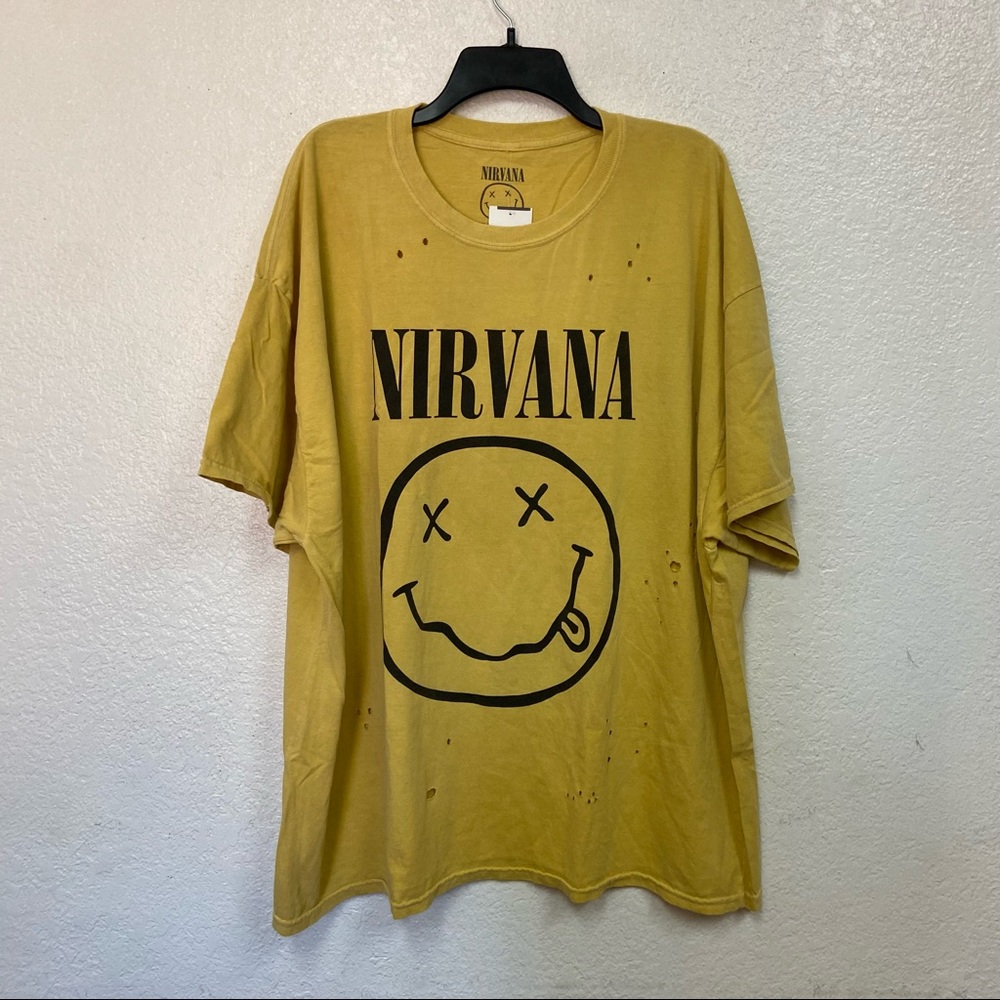 NWT Urban Outfitters Yellow Nirvana Crooked Smilely Face Oversized T-Shirt Dress